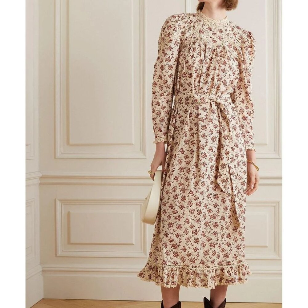 DÔEN Gabrielle lace-trimmed floral-print cotton-voile maxi dress medium m doen